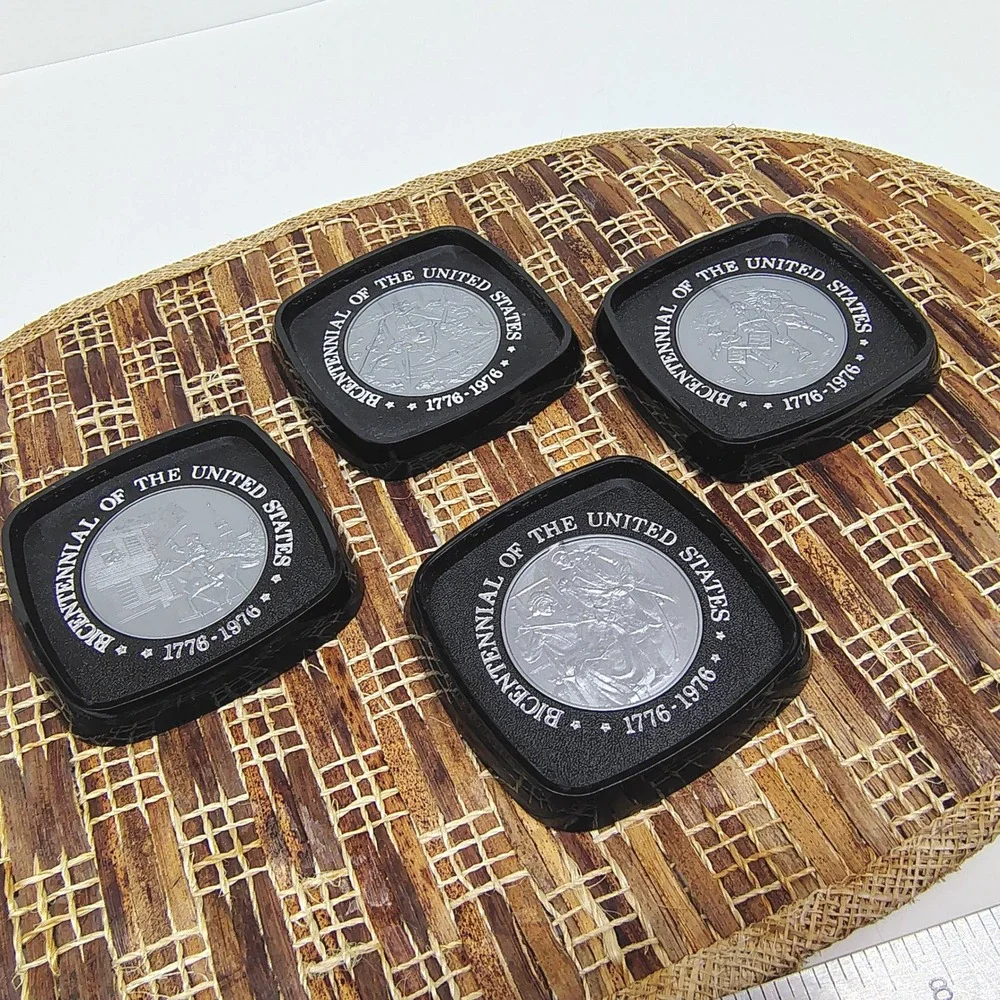 American Bicentennial Coasters 1776-1976 Set of 4 Vtg Home‎ Decor Black Silver